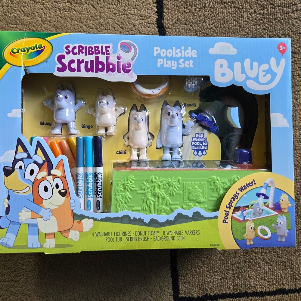 Crayola Scribble Scrubbie Bluey Poolside Play Set Washable Figures 8 Markers NEW